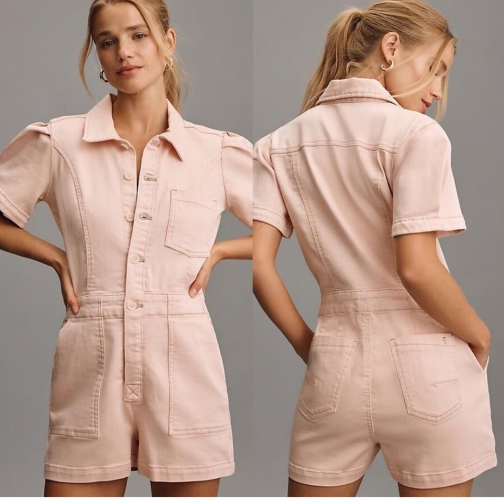 ANTHROPOLOGIE PILCRO PUFF SLEEVE PETAL PINK BUTTON FRONT ROMPER SIZE 8